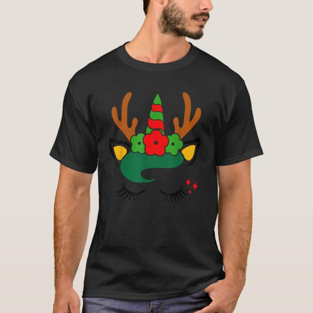 Camiseta Unicorn Reindeer Face with Flowers Wreath Cute Chr (Frente)