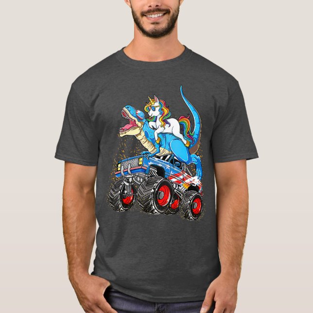 Camiseta Unicorn Riding T rex Monster Truck Boys Girls (Frente)