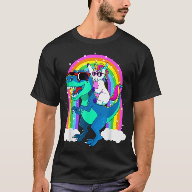 Camiseta Unicorn Riding Trex Dinosaur Girls Boys Kids Men (Frente)