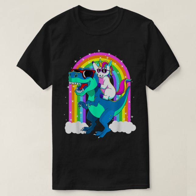 Camiseta Unicorn Riding Trex Dinossaur Girls Boys Kids Men  (Frente do Design)