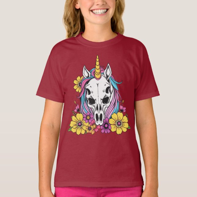 Camiseta Unicorn Skull Flowers Pastel Goth Soft Grunge Goth (Frente)