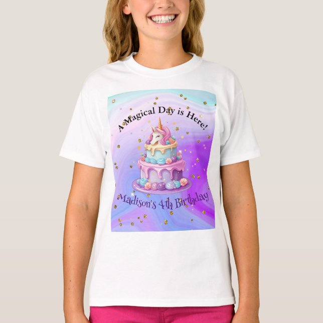 Camiseta Unicorn Sparkle Blue Purple Cake 4º Aniversário (Frente)