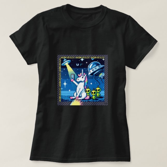 Camiseta Unicorn UFO Selfie: Terra Quadrada (Arte Pixel) #4 (Frente do Design)