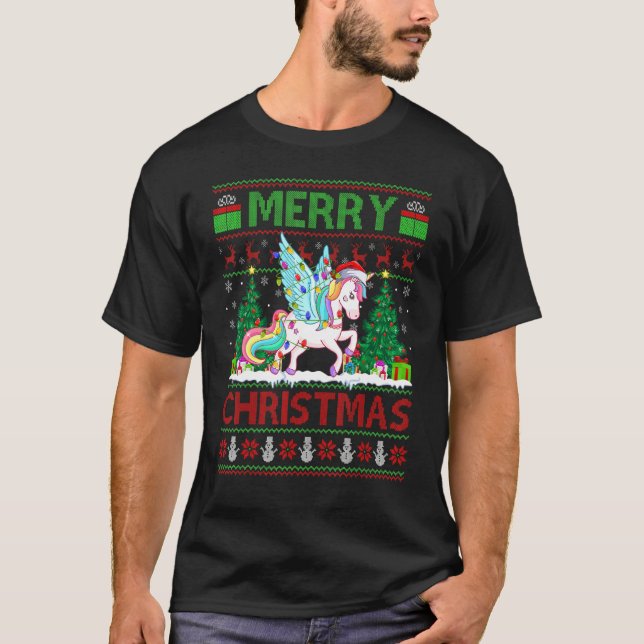 Camiseta Unicorn   Xmas Tree Lights Ugly Santa Unicorn Chri (Frente)