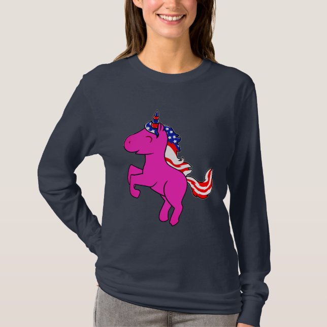 Camiseta Unicorn Yseta Rosa Patriótica EUA Sinalizador Mane (Frente)
