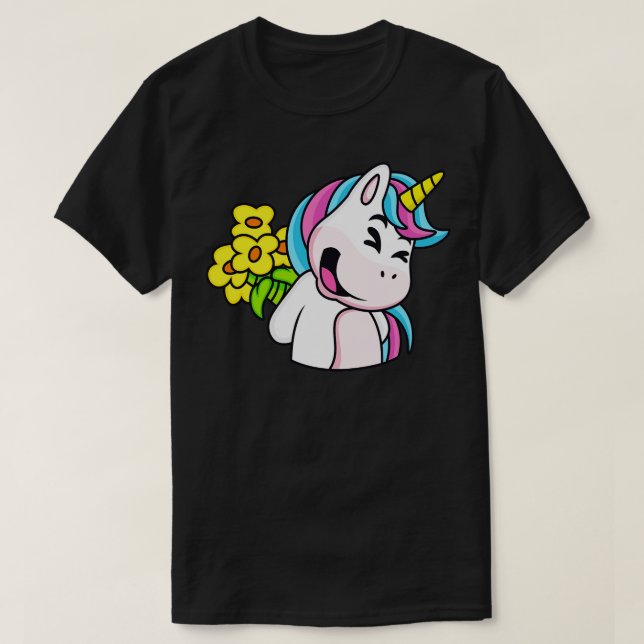 Camiseta Unicórnio Bonito Com Flores Buquês Unicórnios Cria (Frente do Design)