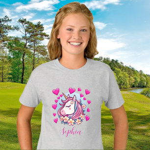 Camiseta Unicórnio Bonito, Corações e Flores Rosa, Nome Per