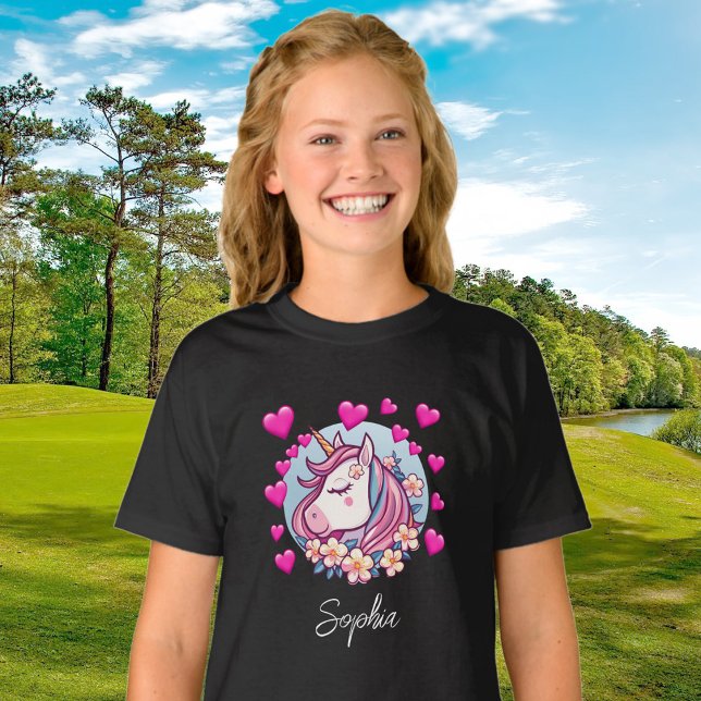 Camiseta Unicórnio Bonito, Corações e Flores Rosa, Nome Per (Criador carregado)