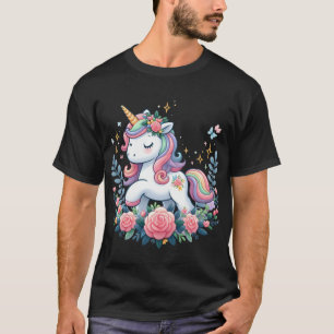Camiseta Unicórnio Bonito Sobre Flores