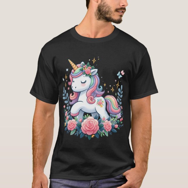 Camiseta Unicórnio Bonito Sobre Flores (Frente)