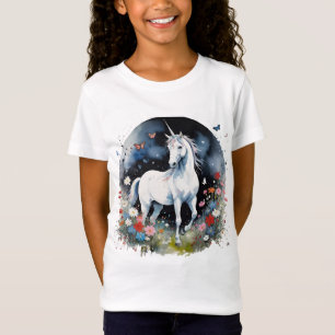 Camiseta Unicórnio Branco Mágico Em Um Jardim Noturno