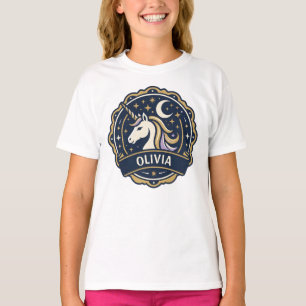 Camiseta Unicórnio Celestial Insígnia Personalizada Vintage