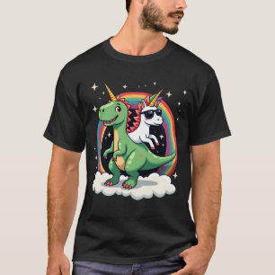 Camiseta Unicórnio Colorido Montando T rex - Dinossauro Men