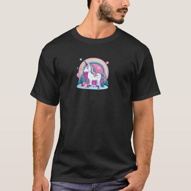 Camiseta Unicórnio Com Árvores E Apresenta Design Natal U (Frente)