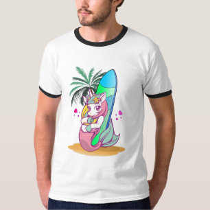 Camiseta Unicórnio com prancha na praia