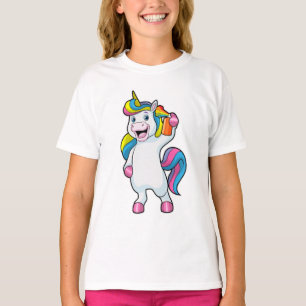 Camiseta Unicórnio como cabeleireiro com spray de cabelo