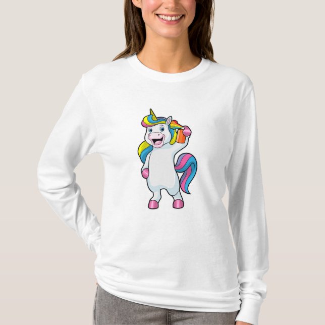 Camiseta Unicórnio como cabeleireiro com spray de cabelo (Frente)