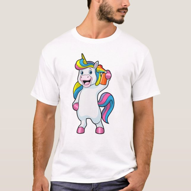 Camiseta Unicórnio como cabeleireiro com spray de cabelo (Frente)