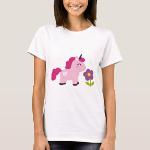 Camiseta Unicórnio Cor-de-Rosa Bonito com Flor