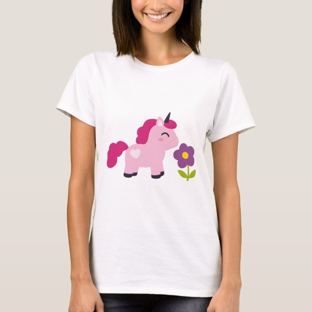 Camiseta Unicórnio Cor-de-Rosa Bonito com Flor (Frente)