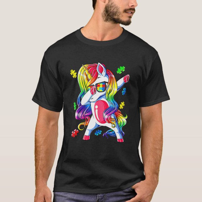 Camiseta Unicórnio Dançando Peça de Puzzle Fofa Conscientiz (Frente)
