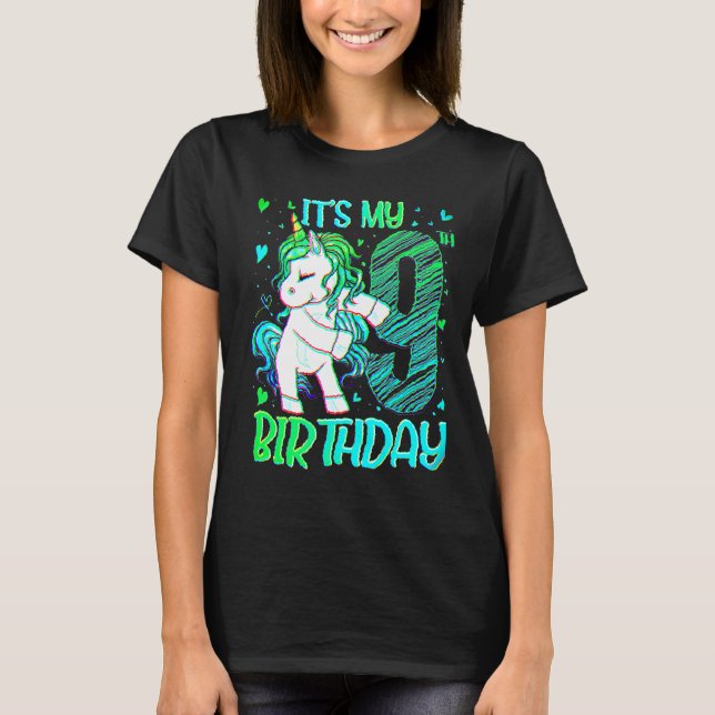 Camiseta Unicórnio De 9 Anos Dabbing 9º Aniversário Outfit  (Frente)