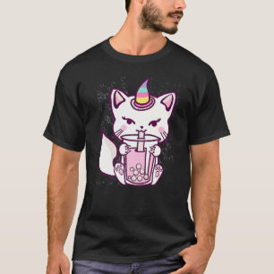 Camiseta Unicórnio de Gatinho Fofo Bebendo Chá de Bolhas