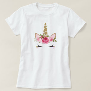 Camiseta Unicórnio Dourado Rosa Floral Fofa Fashio