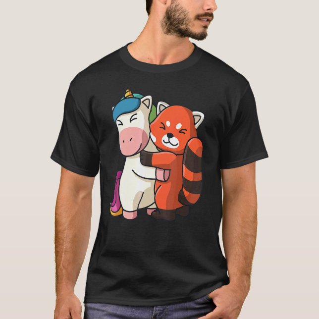 Camiseta Unicórnio E Panda Vermelha Animais Bonitos Para Mu (Frente)