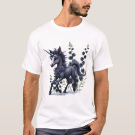 Camiseta unicórnio estilizado em esplendor floral.