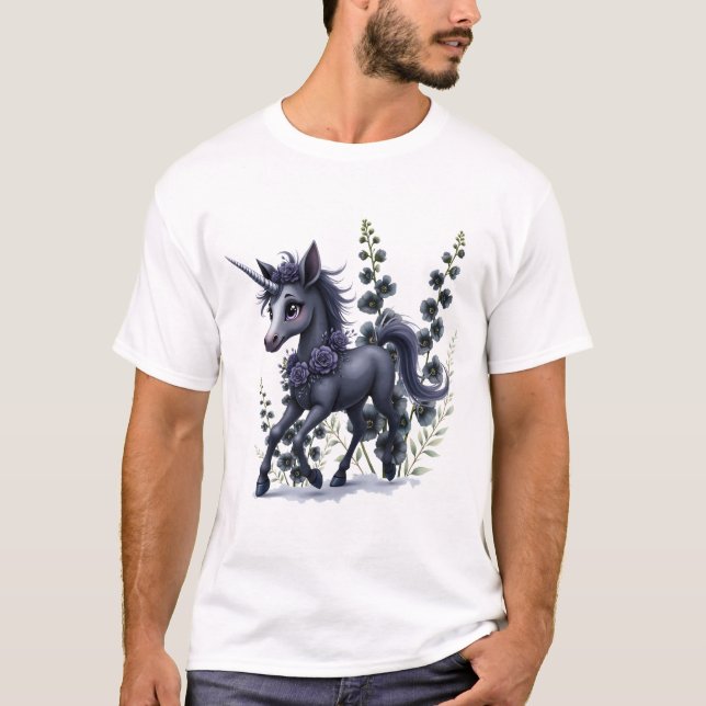 Camiseta unicórnio estilizado em esplendor floral. (Frente)