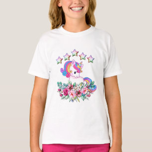Camiseta Unicórnio Fofo, Estrelas Coloridas E Floral Aquare