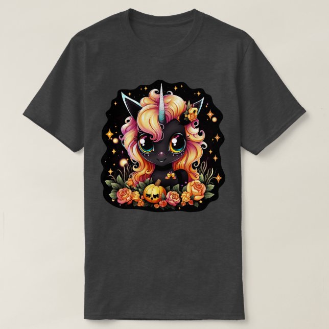 Camiseta Unicórnio kawaii de Halloween e abóbora (Frente do Design)