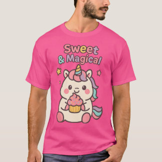 Camiseta Unicórnio Kawaii Mágico Doce Segurando Cupcake Par