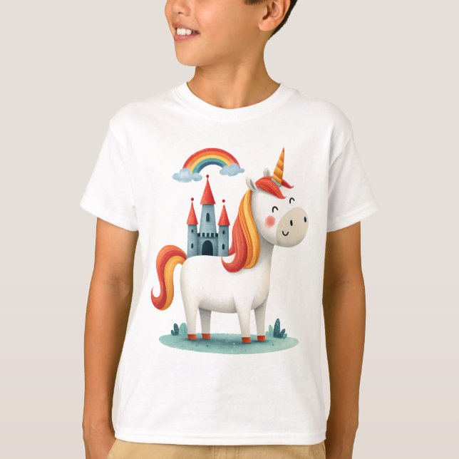 Camiseta Unicórnio Mágico com Castelo e Arco-íris – Criança (Frente)