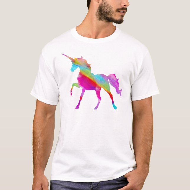 Camiseta Unicórnio prancing do arco-íris sparkly mágico (Frente)