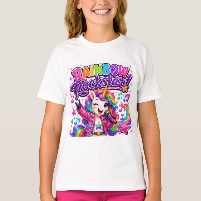 Camiseta Unicórnio Rockstar Arco-Íris (Frente)