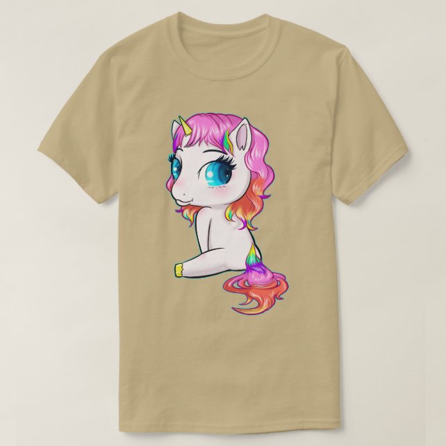 Camiseta Unicórnio Rosa E Bonito Sentado E Olhando Ideia De (Frente do Design)