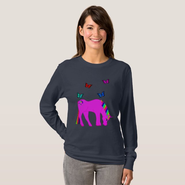 Camiseta Unicórnio Roxo & Borboletas Senhora Manga Longa (Frente Completa)