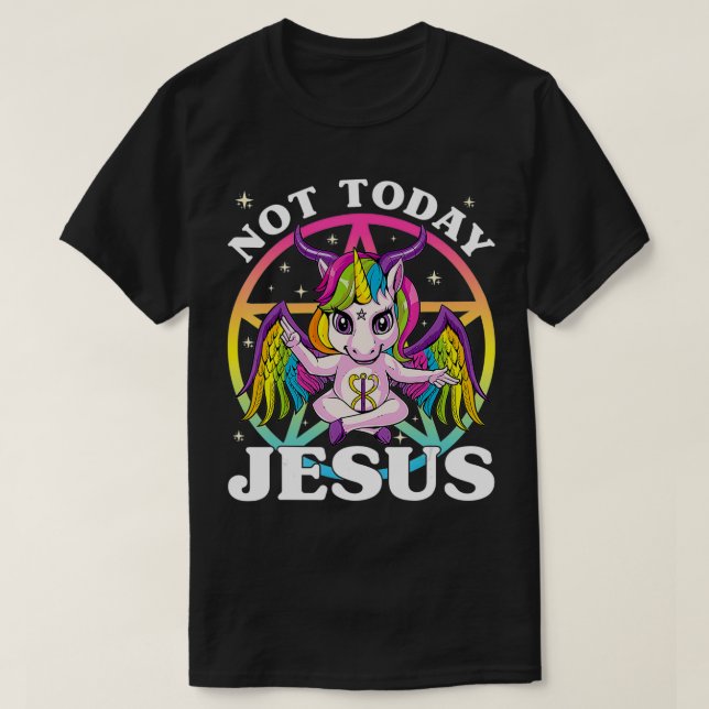 Camiseta Unicórnio Satânico Não Hoje Jesus Satã Unicórnio (Frente do Design)