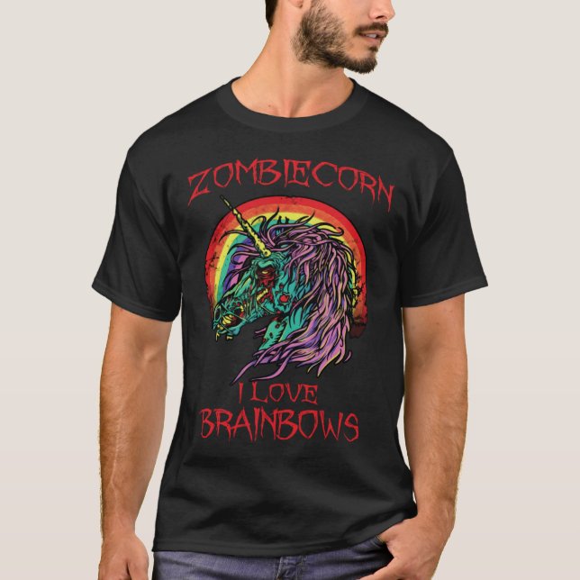 Camiseta Unicórnio Zumbi Eu Amo Arco-íris Halloween Gótico  (Frente)