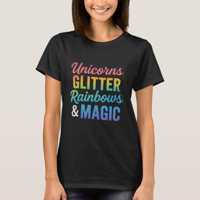 Camiseta Unicórnios brilham arco-íris & magia  (Frente)