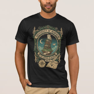 Camiseta "Universidade de Nenhures" Coruja e Brasão de Livr