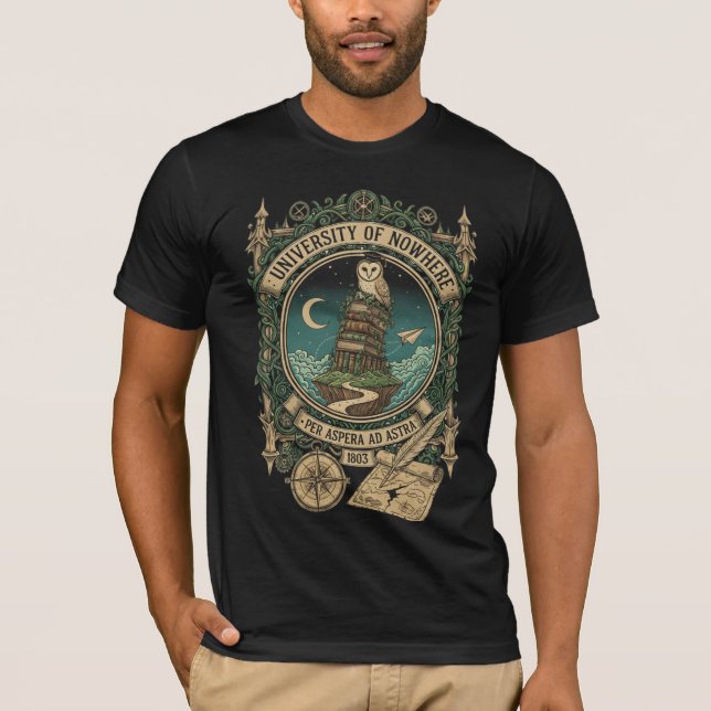 Camiseta "Universidade de Nenhures" Coruja e Brasão de Livr (Frente)