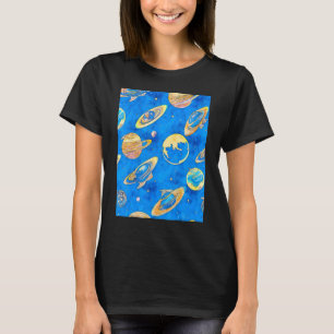 Camiseta Universo Azul Planetas Amarelos Espalhados Por Tod