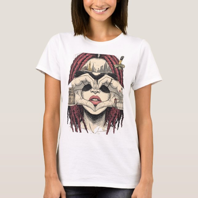 Camiseta Urban Heart Vision: Pink Dreads, City Skyline, and (Frente)