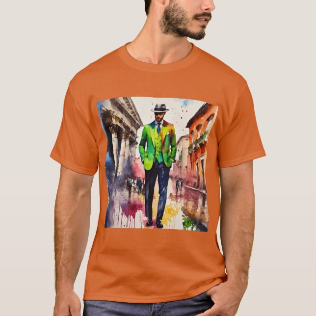 Camiseta "Urban Stroll: Colorir Cavalheiro em Laranja Tee" (Frente)