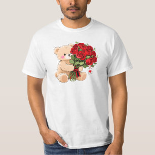 Camiseta Ursa Teddy Fofa Segurando Rosas do Dia dos Namorad