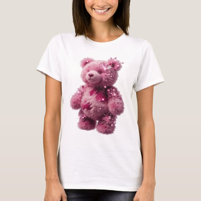Camiseta Ursinho de pelúcia rosa prateado da moda com crist (Frente)