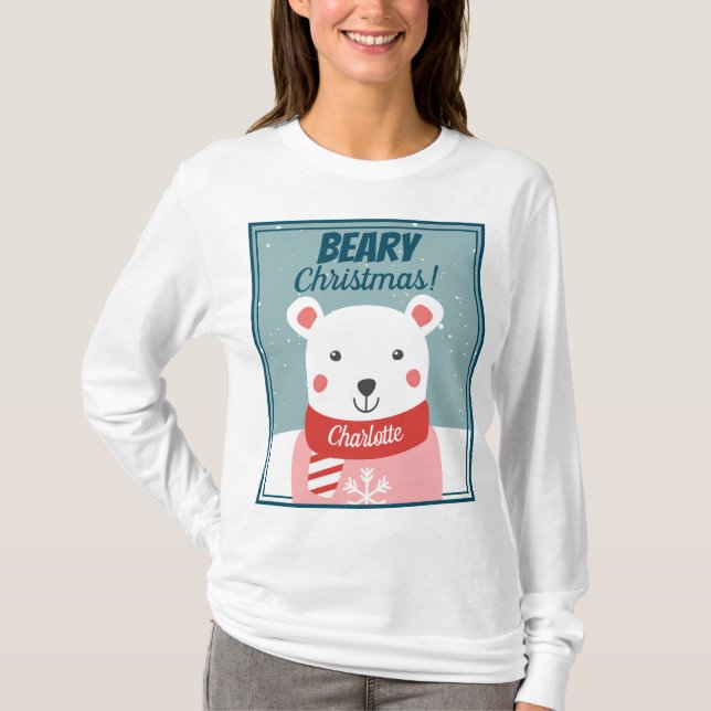 Camiseta Ursinho polar bonitinho de Natal Beary com nome (Frente)